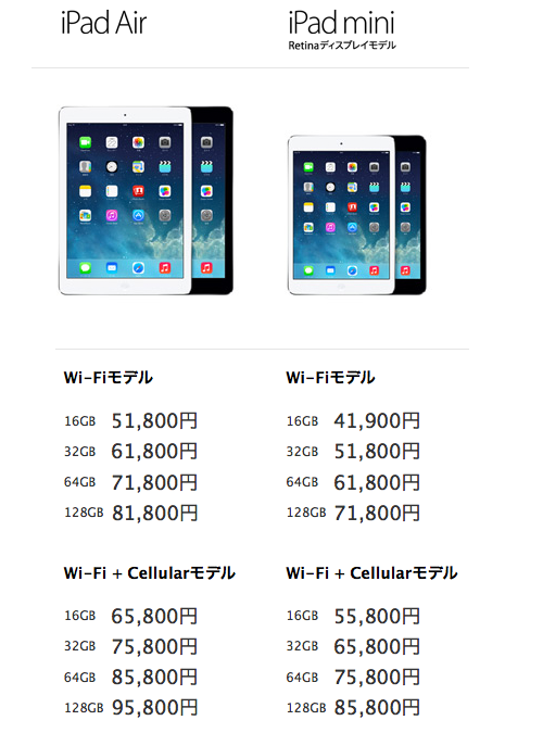 iPad air mini2セルラー価格比較