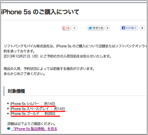 iPhone5sソフトバンク入荷予定　納期